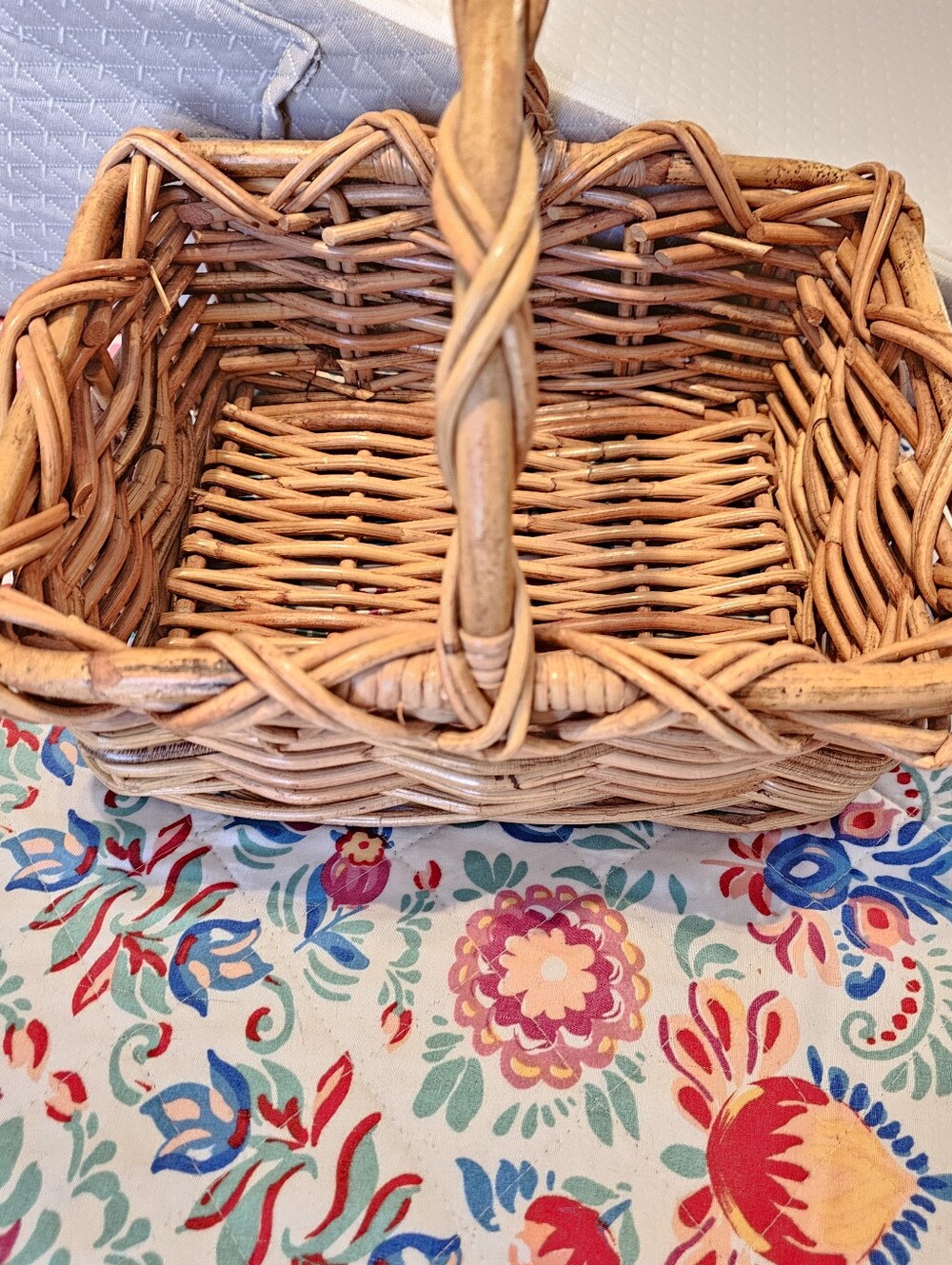 Vintage Handwoven Wicker Basket Heavy Thick Twig Rattan Twisted Handle Rectangle